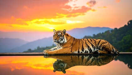Tiger at sunset reflection