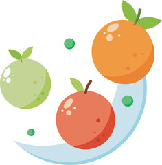 Colorful fruits floating in transparent bubbles against a white background