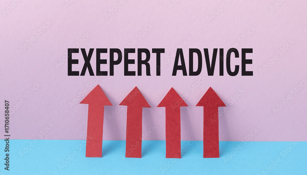 Poster expert advice text on a pink background with arrows under the text with on leather background