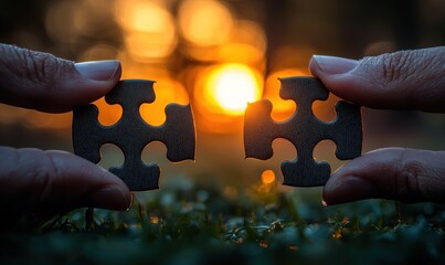 Two puzzle pieces held by hands, sunset background