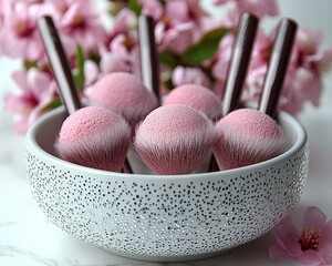 Pink makeup brushes in a white bowl with flowers