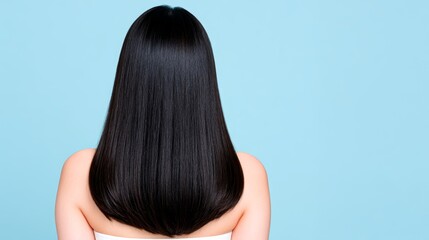 Fototapeta premium Asian female with long straight black hair against blue background