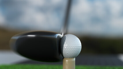 ゴルフ練習場でボールをウッドドライバーで打った瞬間のボールが凹むイメージ
