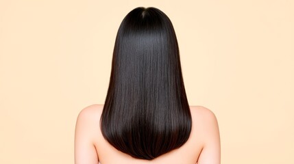 Naklejka premium Asian female with long straight hair from back view on beige background