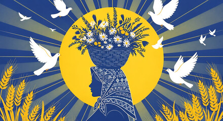 Ukrainian woman carrying flowers and wheat with doves in national colors peace illustration