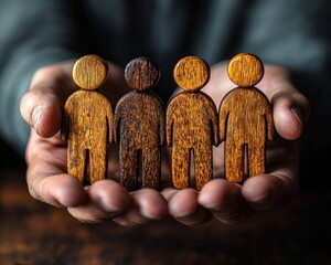 Four wooden figures held in hands