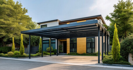 Modern suburban home with sleek metal and glass carport surrounded by manicured landscaping and tall green trees