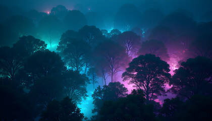 Aerial View of Bioluminescent Forest Glowing Turquoise and Violet