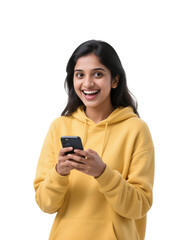 Smiling girl uses phone on transparent background. PNG adds easy isolation for graphic design, ads, social media, branding.