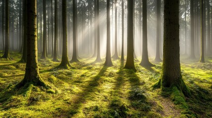 Sunbeams Through Misty Forest: An Enchanting Woodland Scene
