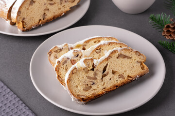Traditional stollen fruit cake. Christmas stollen with winter holidays decoration