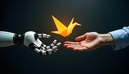 Human and Robotic Hands Exchanging Glowing Origami Bird