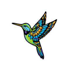 Green Hummingbird Flying with Wings Spread on White

