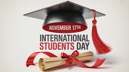 Modern digital design with graduation cap, scroll, decorative red ribbon with text “International Students Day” and date “November 17th” on light background.