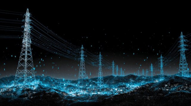 Futuristic electrical grid with high voltage towers and digital data overlay