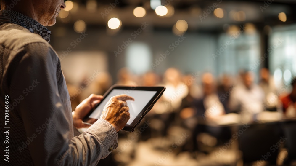 Aufkleber presenter interacting with a tablet connected to a wireless projector midshot with the clear project