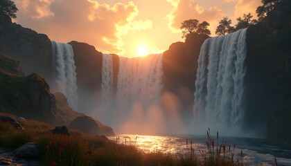 Waterfall Flowing Upward into Sky at Golden Sunset
