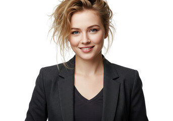 Smiling woman in a black blazer isolated on transparent background