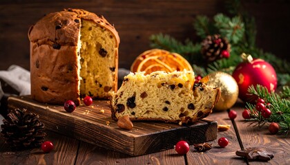 Delicious Christmas Panettone Slices on Wooden Board.