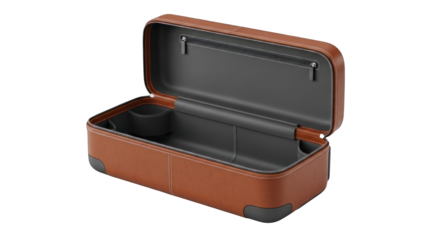Open Brown Leather Travel Case with Interior Compartments.