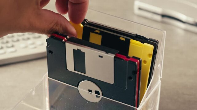 Floppy disc FDD close up, Using diskette for old PC computer macro. Archive programme or Music recorder, playing retro computer games. Vintage device for office, obsolete technology. 