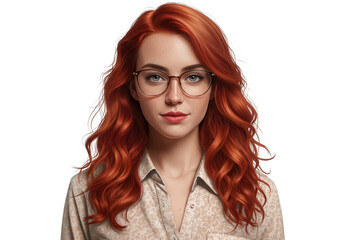 Young woman with vibrant red hair and glasses isolated on transparent background