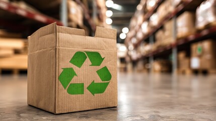 Recyclable packaging box in industrial warehouse setting with eco-friendly icon