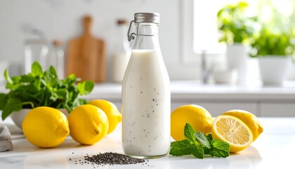 Fototapeta premium Creamy lemon drink in glass bottle