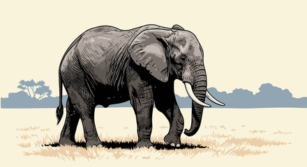Fototapeta premium African elephant illustration displays pachyderm ambling across savanna, showing African elephant. 