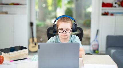 Kid reading books and writing homework in home school environment. Homeschool education helping children gain digital knowledge. Kid using laptop for interactive home school and knowledge growth.