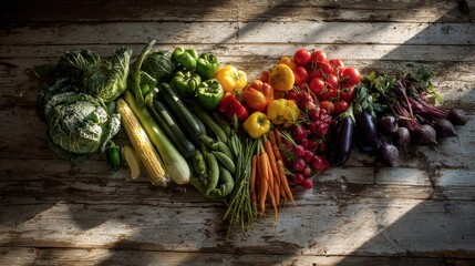 Assorted fresh vegetables arrangement on rustic wooden surface