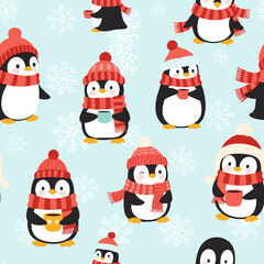 Charming penguins enjoying a warm winter day with hot beverages and snowflake decorations.