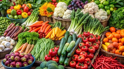 Abundant display of fresh fruits and vegetables