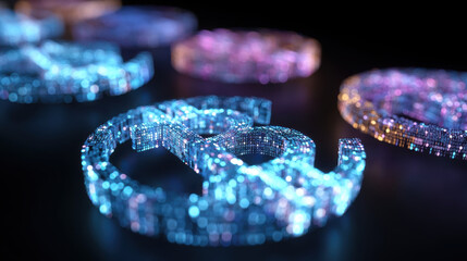 Glowing digital coin symbol hologram, neon bokeh, cyber finance mood