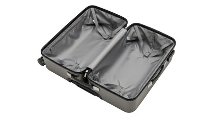 Naklejka premium Open Olive-Green Suitcase with Gray Interior and Compartments.