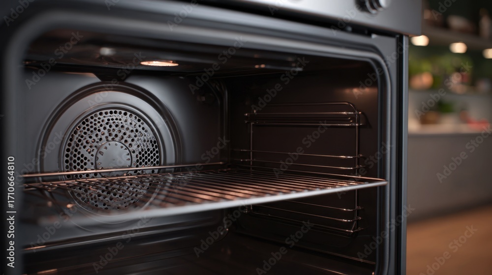 Poster Convection smart oven interior focused showing precise fan speed calibration as the outer edges of the oven and kitchen fade softly into the background.