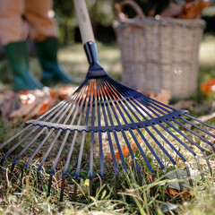 Woman in work overalls cleaning the garden during autumn, raking fallen leaves on sunny day. Seasonal concept of outdoor cleaning, gardening and autumn lifestyle activities.