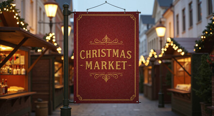 Red Christmas market sign with gold lettering hanging on a pole, festive street with wooden stalls, garlands and warm bokeh lights at dusk, holiday fair background with copy space