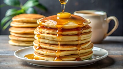 Stack of pancakes with syrup and coffee