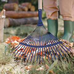 Woman in work overalls cleaning the garden during autumn, raking fallen leaves on sunny day. Seasonal concept of outdoor cleaning, gardening and autumn lifestyle activities.
