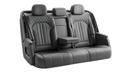 Luxurious Gray Leather Car Backseat with Diamond Stitching and Armrest.