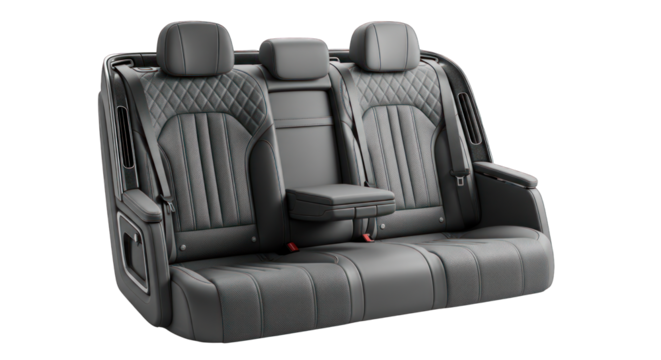Luxurious Gray Leather Car Backseat with Diamond Stitching and Armrest.