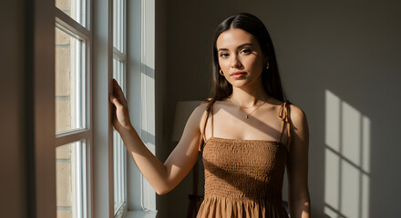 Mujer hispana de pie junto a la ventana bajo la luz del s