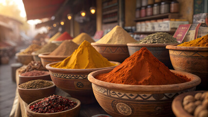 Vibrant spice market stall displays colorful powders turmeric paprika saffron exotic aromas