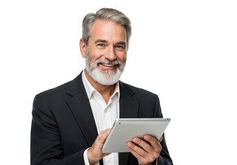 Smiling older businessman holding a tablet isolated on transparent background