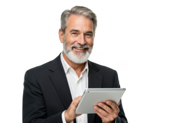 Smiling older businessman holding a tablet isolated on transparent background
