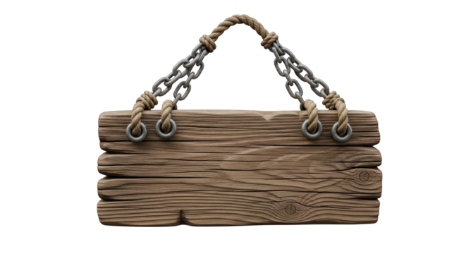 Rustic Wooden Hanging Sign with Rope and Chains.