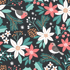 Seamless vector pattern with cute robin on winter floral background. Hand drawn Christmas foliage with poinsettia, berry and pine branch. Perfect for textile, wallpaper or nursery print design. EPS10 