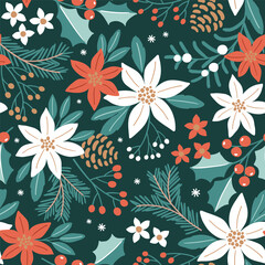 Christmas foliage seamless vector pattern. Hand drawn winter flora with tiny poinsettia, berry and pine branch. 