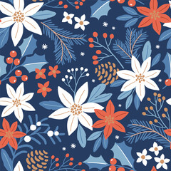 Seamless vector pattern with hand drawn Christmas foliage. Winter flora design with poinsettia, berry and pine branch. Perfect for textile, wallpaper or nursery print design. EPS10 vector file.